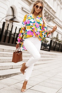 Multicolor Magenta Gold Floral V Neck Lantern Sleeve Blouse