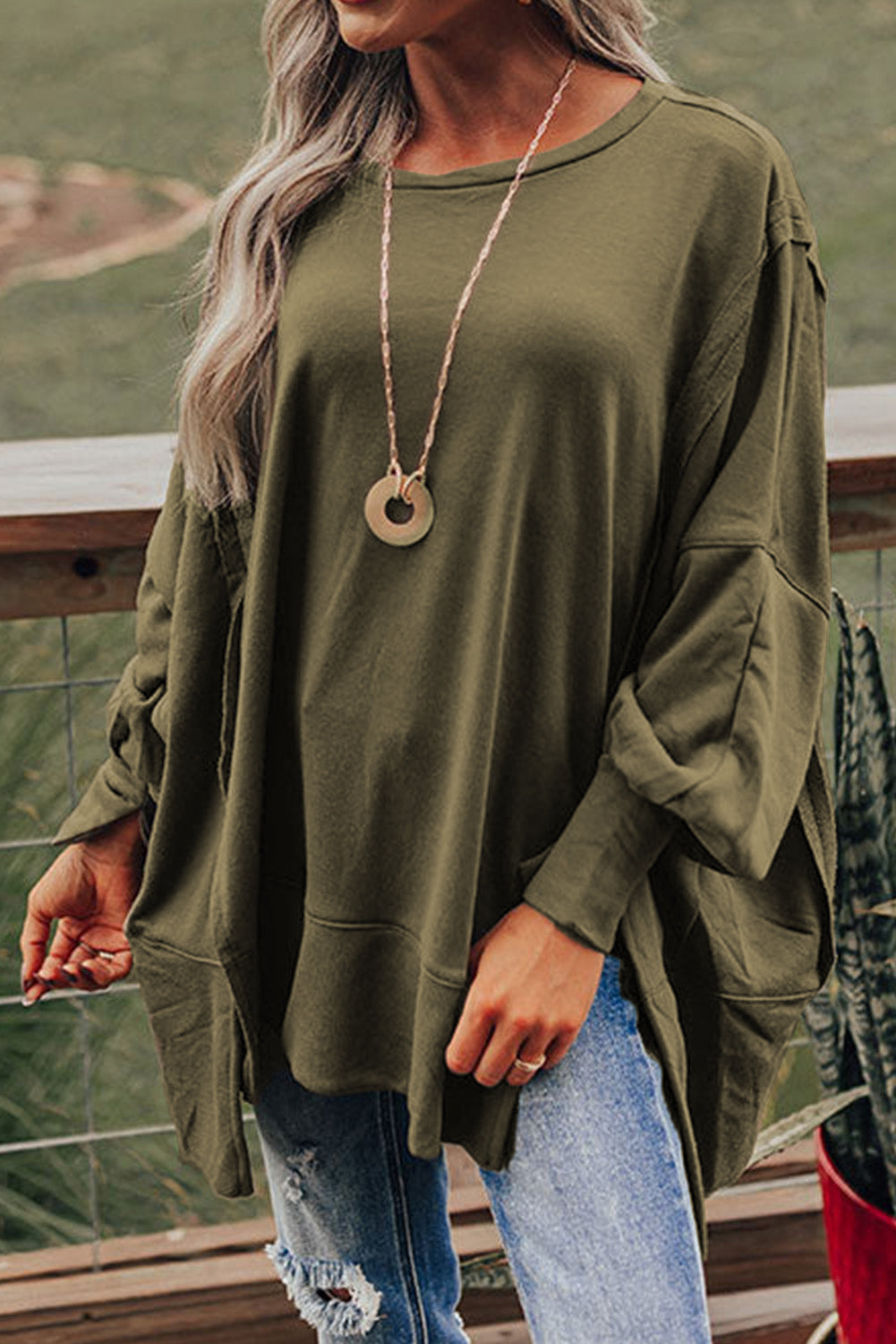 Olive Green Patchwork Drop Shoulder Oversized Top Sweater