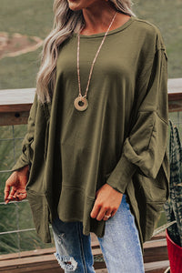 Olive Green Patchwork Drop Shoulder Oversized Top Sweater