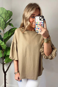 Womens Shirt Light French Beige Solid Color Lantern Sleeve Drop Shoulder Blouse