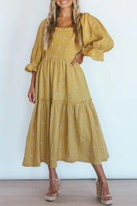 Yellow Printed Boho Ruffled Bracelet Sleeve Smocked Textured Midi Dress