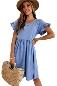 Sky Blue Round Neck Ruffle Sleeve Loose Dress