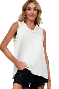 New Fashion sleeveless Shirt Beige flower Frilled Trim V Neck Tank Top