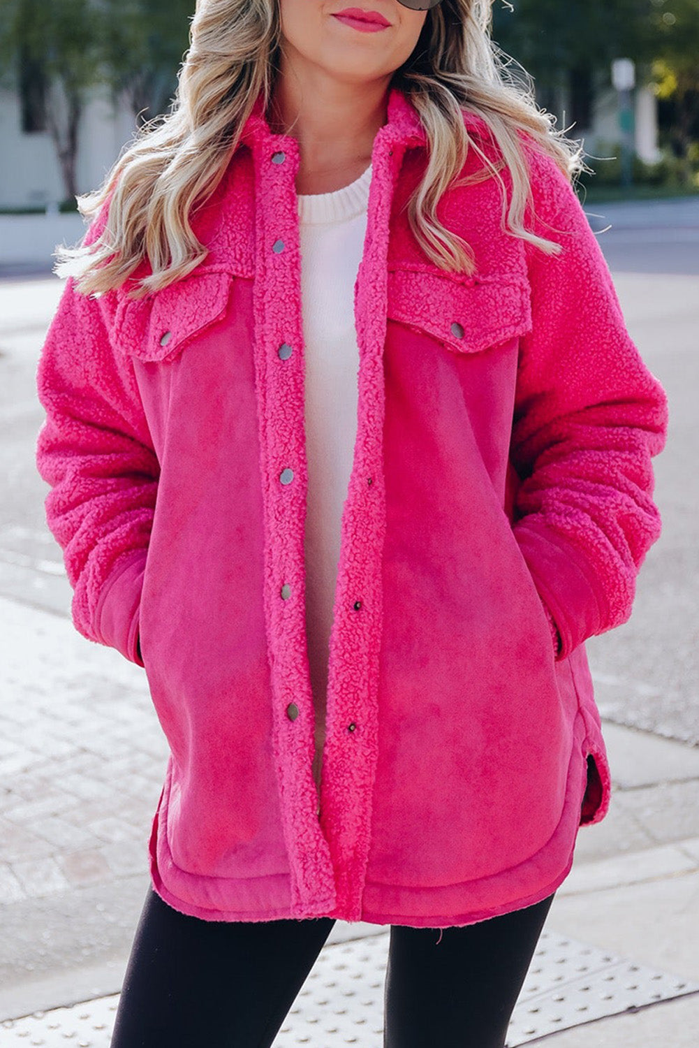 Bright Pink Faux Suede Sherpa Patchwork Button-up Shacket