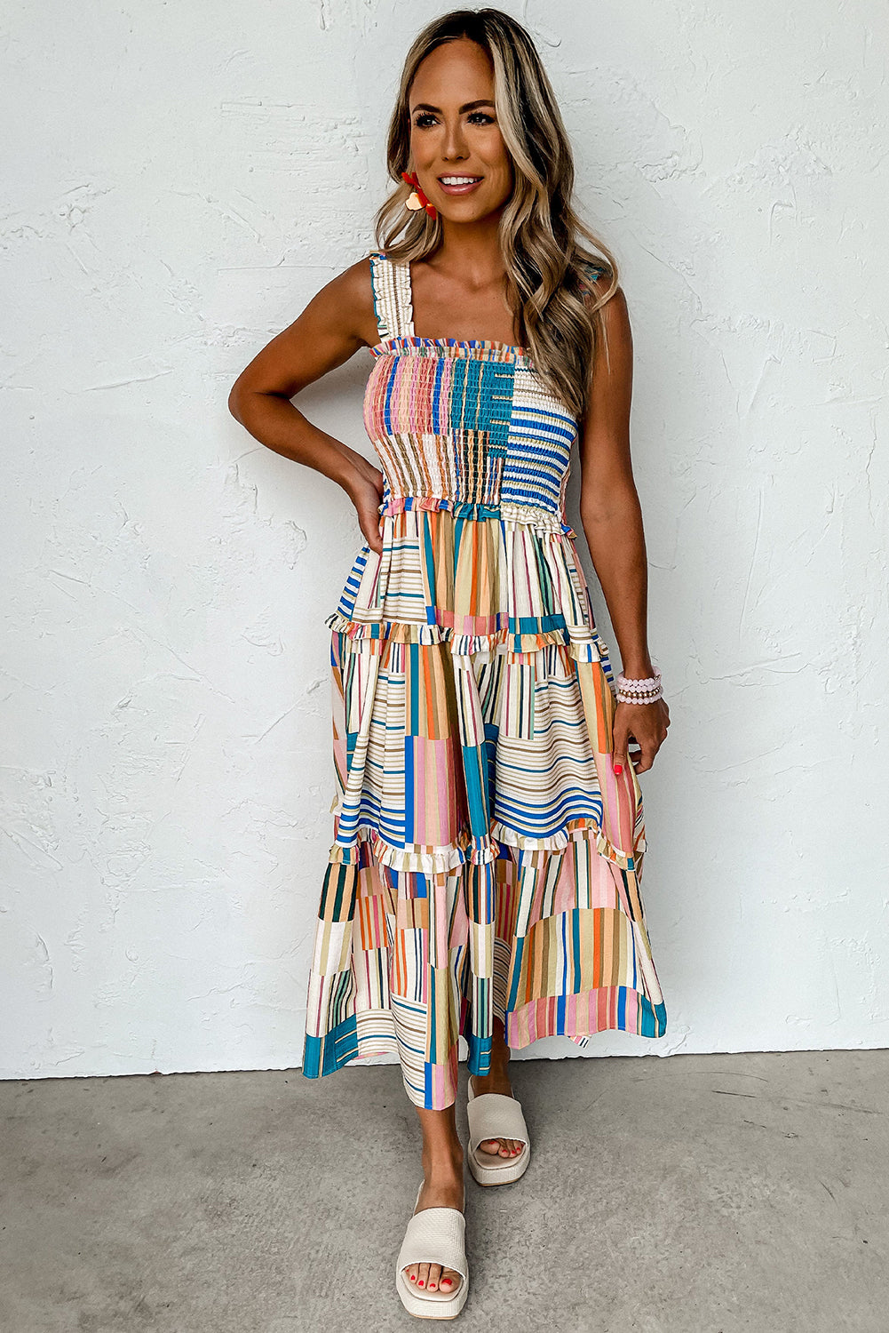 Khaki Mix Striped Wide Straps Smocked Tiered Maxi Midi Dress