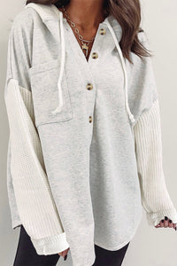 Women’s Long Sleeve Shirt Gray Button Up Contrast Knitted Sleeves Hooded Jacket