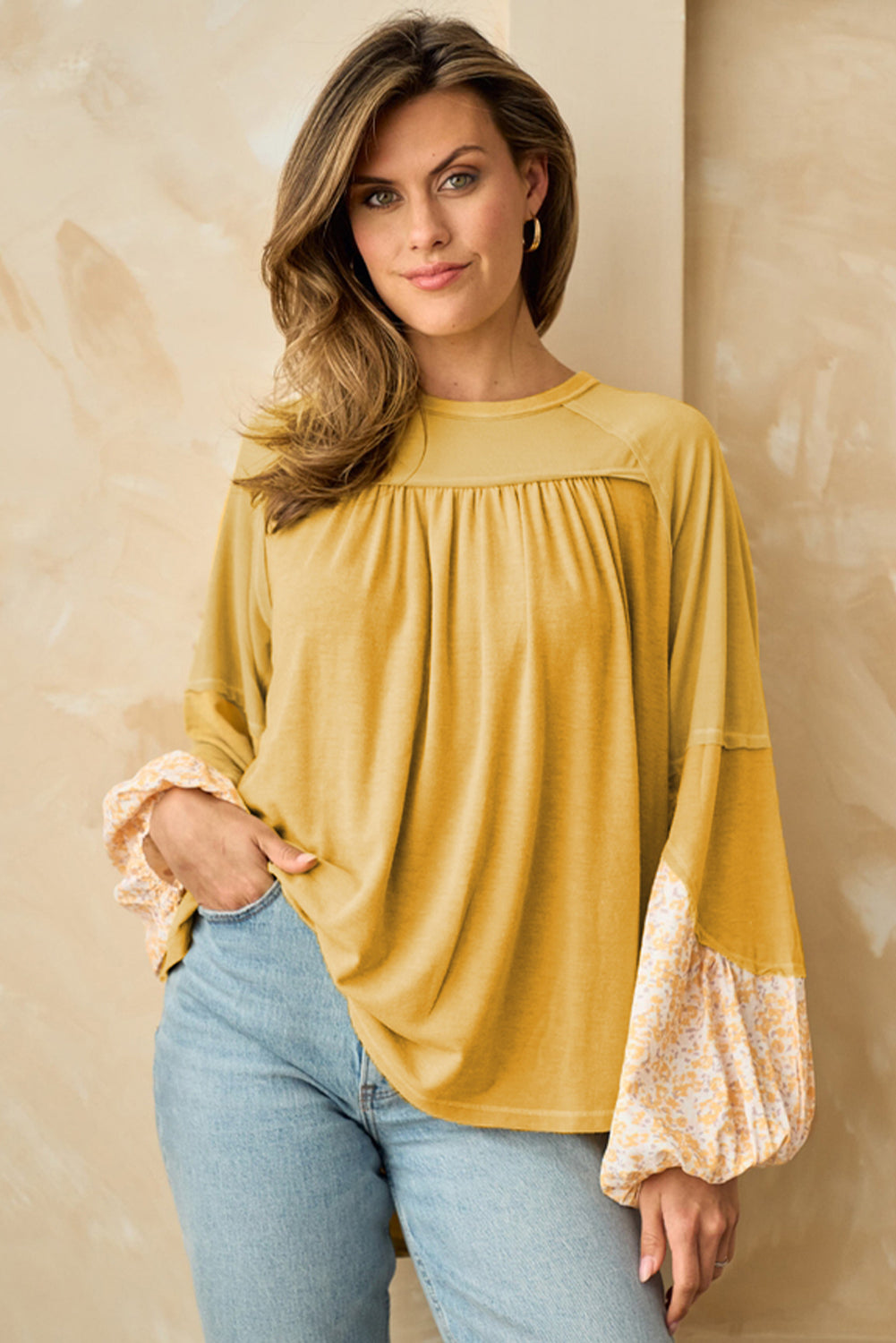 Yellow Long Sleeve Shirt Casual Women's Beige Floral Colorblock Balloon Sleeve Exposed Seam Top KESLEY