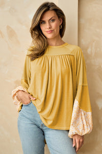 Yellow Long Sleeve Shirt Casual Women's Beige Floral Colorblock Balloon Sleeve Exposed Seam Top KESLEY