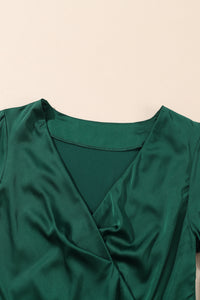 Blackish Green Satin Surplice V Neck Knot Blouse