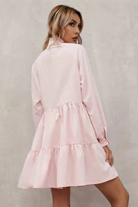 Pink Frilled Stand Collar Long Sleeve Ruffle Dress