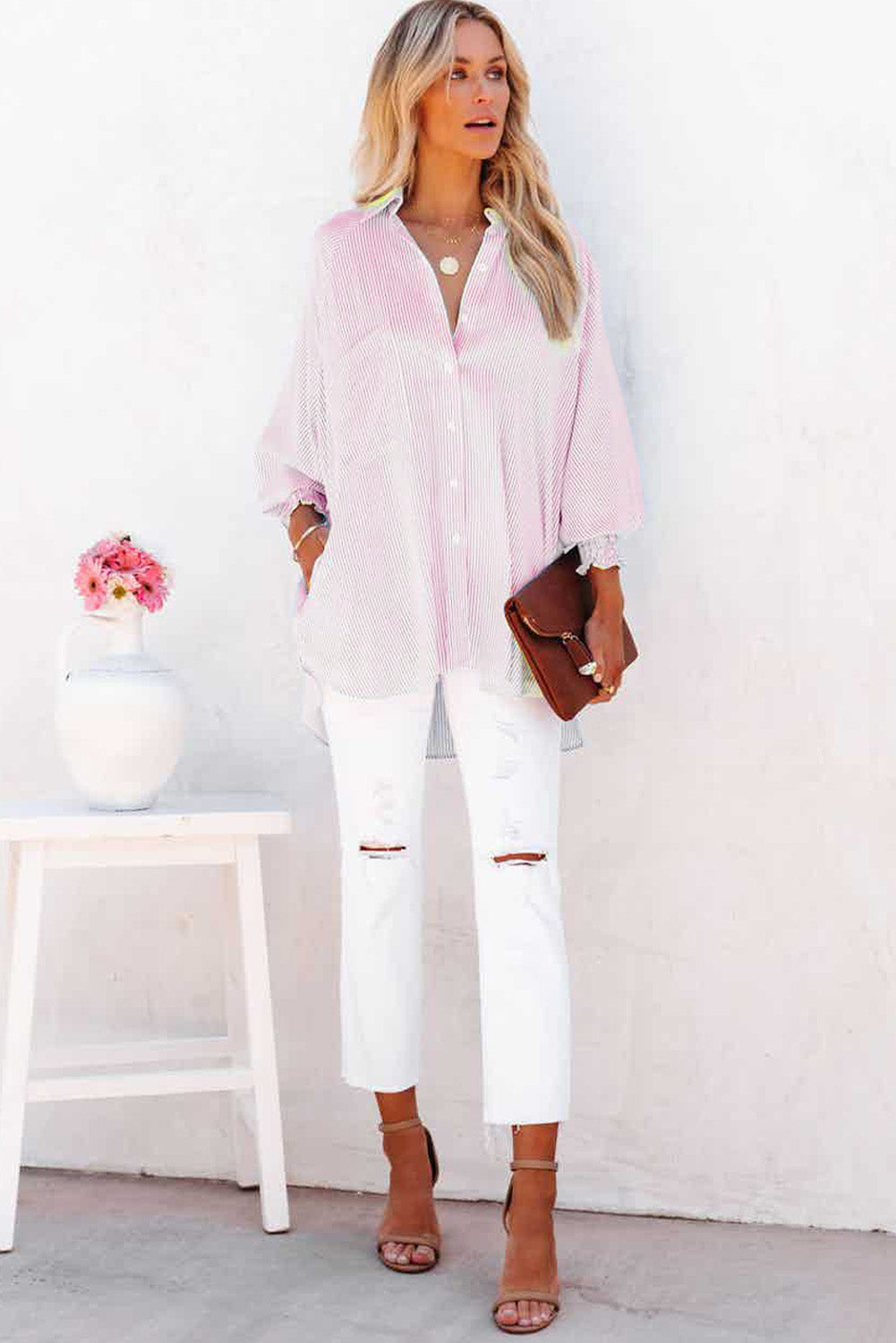 womens clothing, womens long sleeve button down shirts, tops, long tops, oversized button down shirt for women, pink tops, long sleeve shirts for women, pink clothes, affordable clothes, popular trending on instagram and tiktok, casual tops, casual friday outfit ideas, tops to wear with jeans, winter clothes, clothes for the fall, pink blouses and tops for women, stripped button down shirts