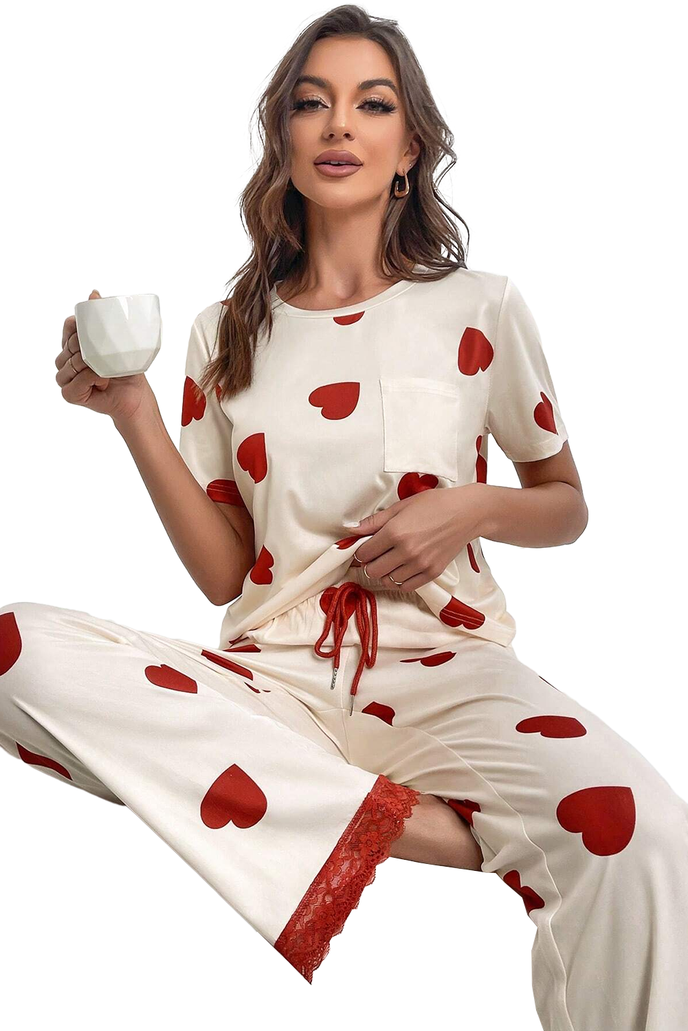 White Valentines Heart Print Lace Hem Tee Pants Pajama Set Fashion Pajamas