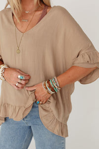 Women's Khaki Baggy Shirt with Ruffles Light French Beige Loose Ruffled V Neck Blouse