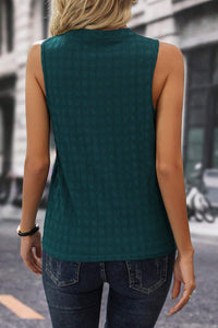 Ladies Sleeveless Shirt Sea Green Lattice Textured Split Neck Tank Top