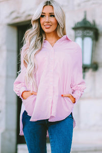 Pink Smocked Cuffed Striped Boyfriend Shirt with Pocket