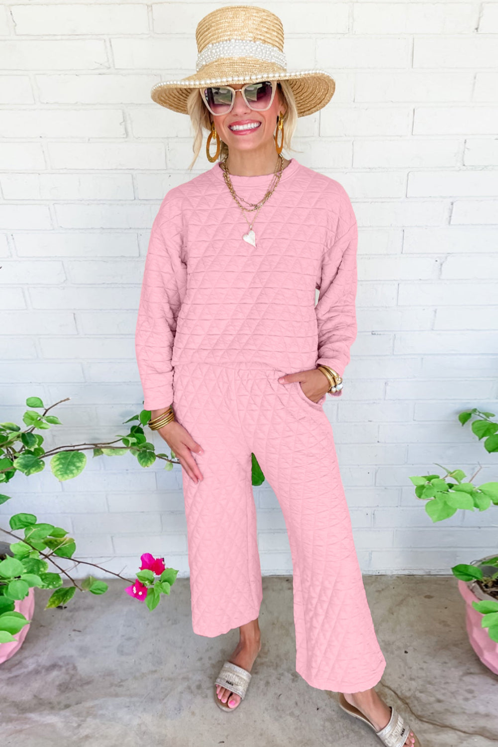 Pink Solid Quilted Pullover and Pants Outfit