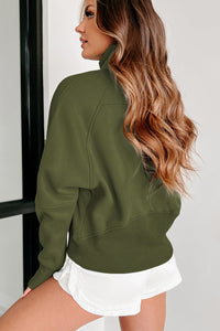 Green Zip Up Stand Collar Ribbed Thumbhole Sleeve Sweatshirt