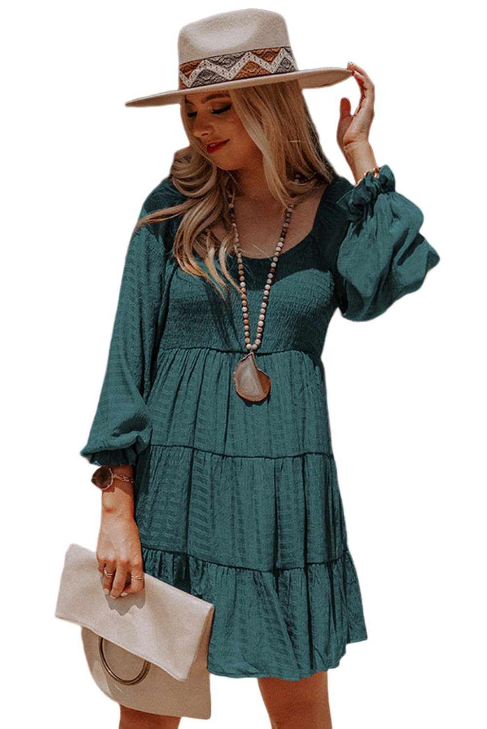 Mist Green Bishop Sleeve Smocked Tiered Casual Mini Dress