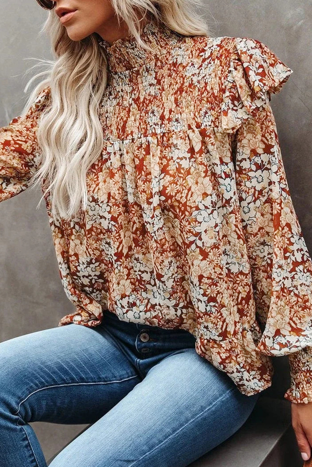 Women's Long Sleeve Shirt Gold Flame Floral Smocked Sleeve High Neck Ruffled Blouse