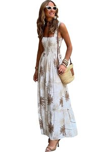 Casual Long Dress Vacation Beach Ladies Fashion White Tropical Print Smocked Ruffled Straps Maxi Dress