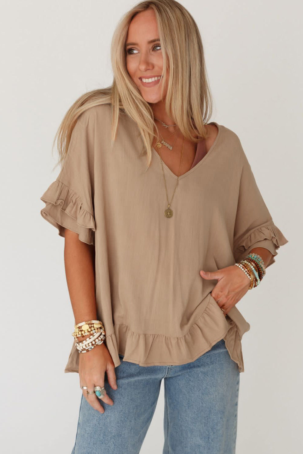 Women's Khaki Baggy Shirt with Ruffles Light French Beige Loose Ruffled V Neck Blouse