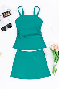 Green Solid Square Neck Sleeveless Tankini Swimsuit with Skirt and Long Swim Top