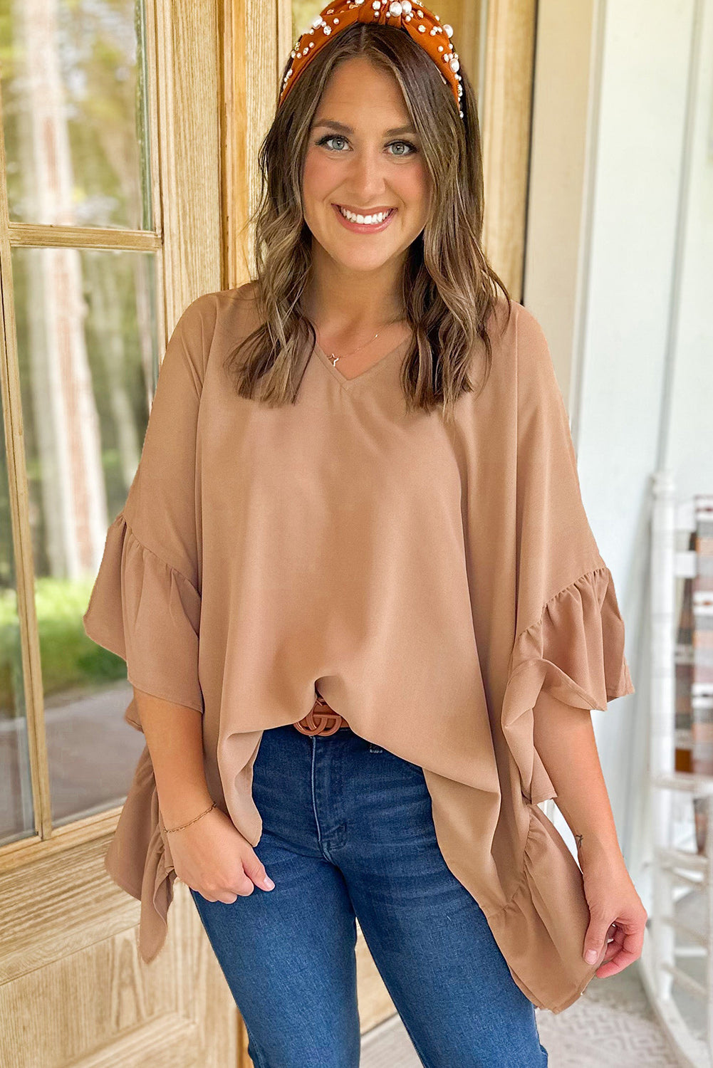 Khaki Nude Shirt Plus Size Ruffled Batwing Sleeve V Neck Blouse Oversize Baggy