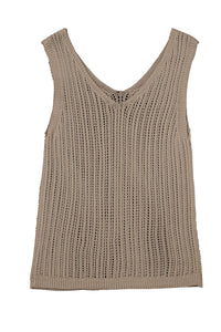 Khaki Hollowed Knit V Neck Tank Top