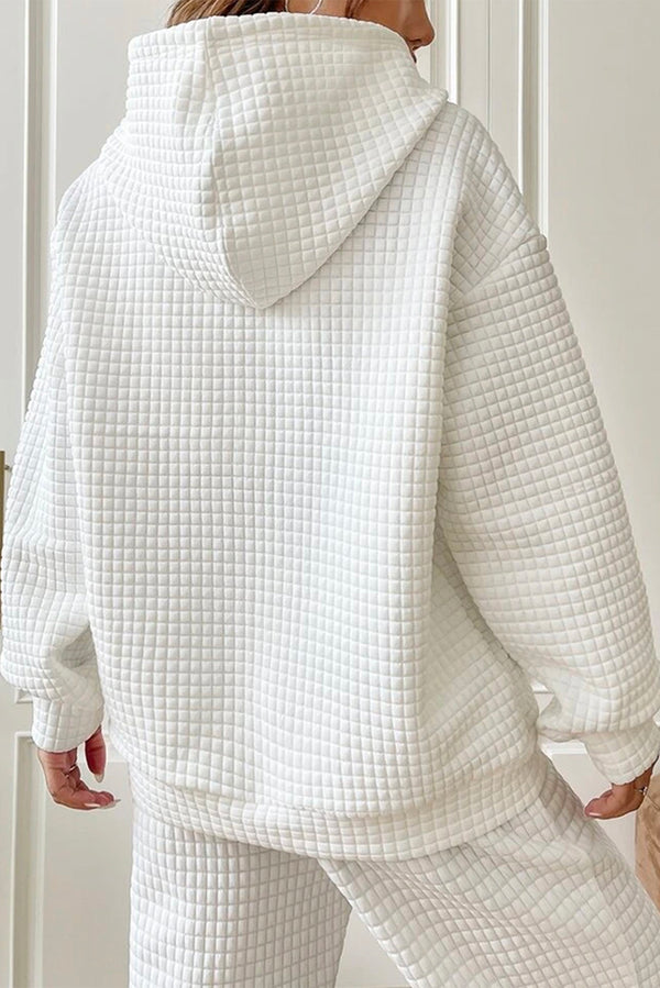 White Lattice Textured Kangaroo Pocket Drawstring Hoodie