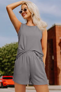 Medium Grey Corded Sleeveless Top and Pocketed Shorts Set Two Piece fashion Outfit Matching Set