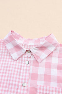 Women's Fashion Top Pink Mix Checked Patchwork Long Sleeve Shirt