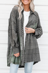 Women's Oversized Button Up Long Shirt Duffel Green Eyelet Pattern Patchwork  Shacket