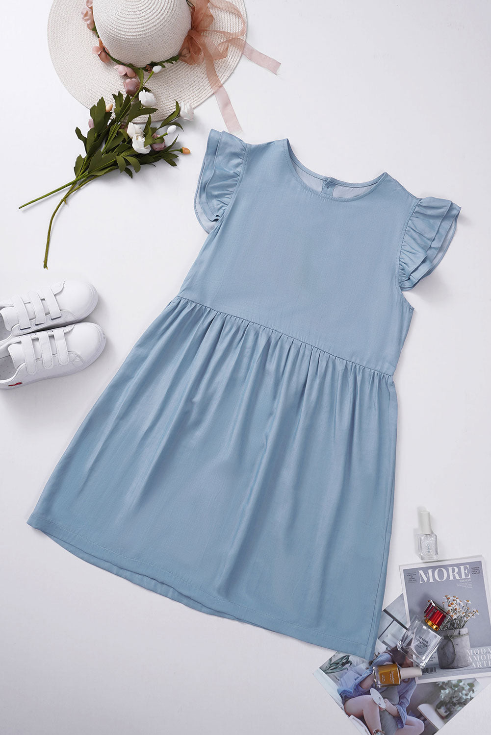 Flutter Sleeve Ruched Denim Casual Dress