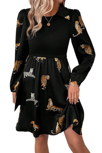 Black Vivid Leopard Print Long Sleeve Swing Dress