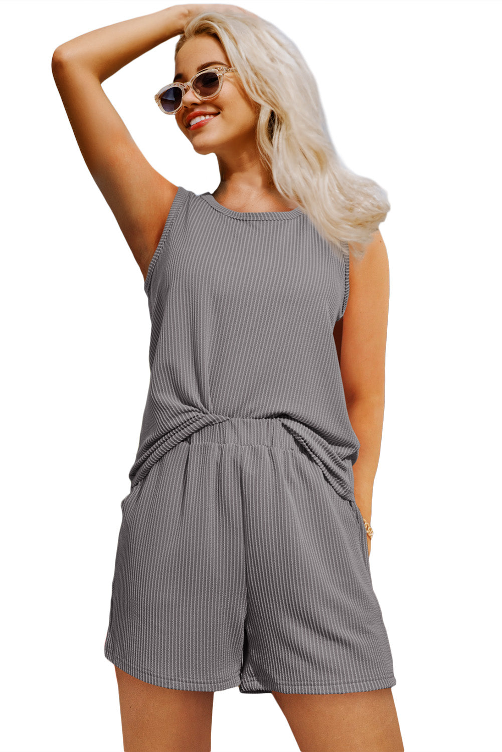 Medium Grey Corded Sleeveless Top and Pocketed Shorts Set Two Piece fashion Outfit Matching Set