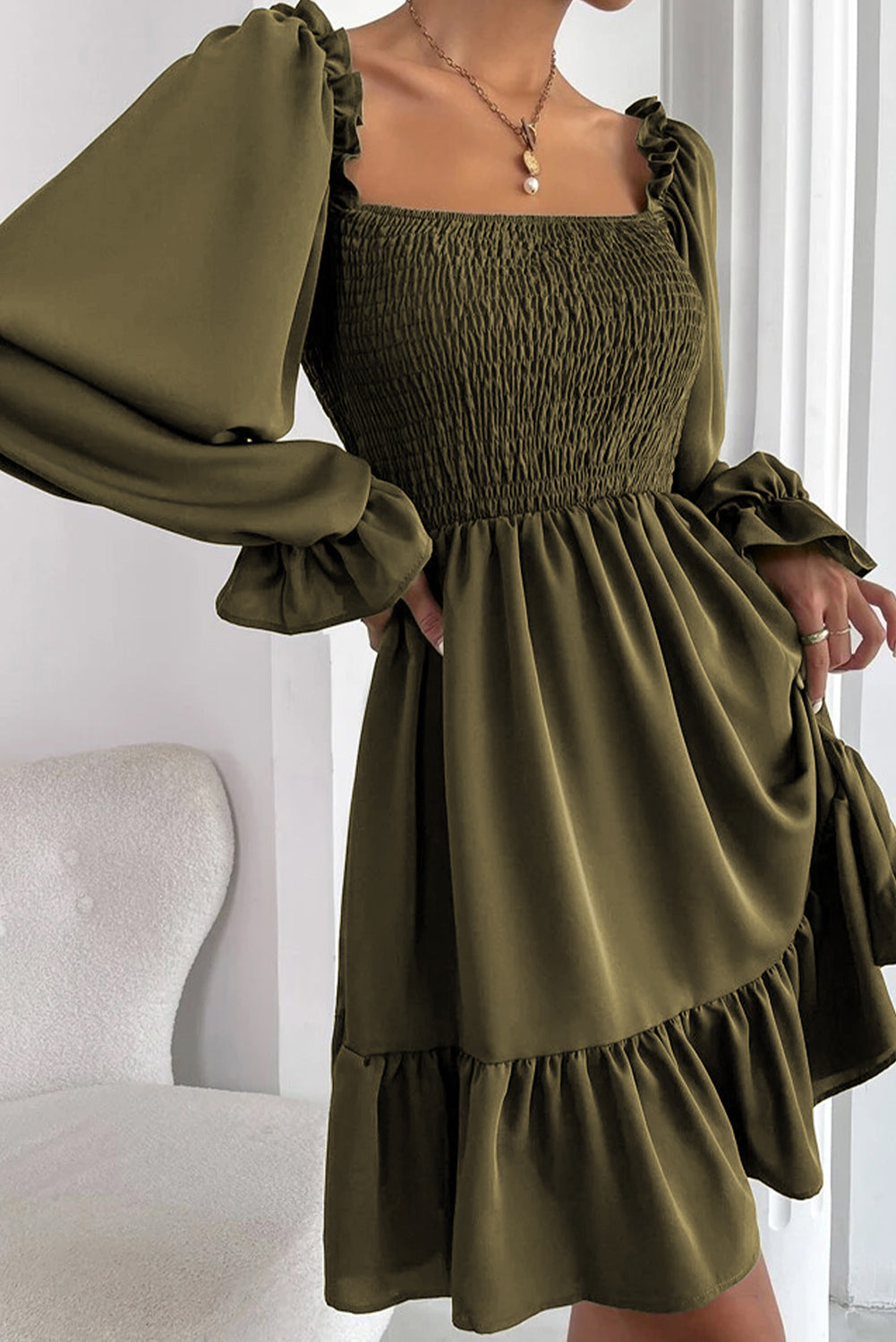 Olive Green Smocked Puff Sleeve Ruffle Long Sleeve Mini Dress