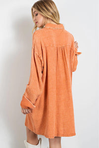 Orange Crinkled Dual Chest Pocket Oversized Shirt Dress Womens Fashion