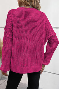 Rose Fiery Red Pointelle Knit Button V Neck Drop Shoulder Long Sleeve Shirt, Sweater