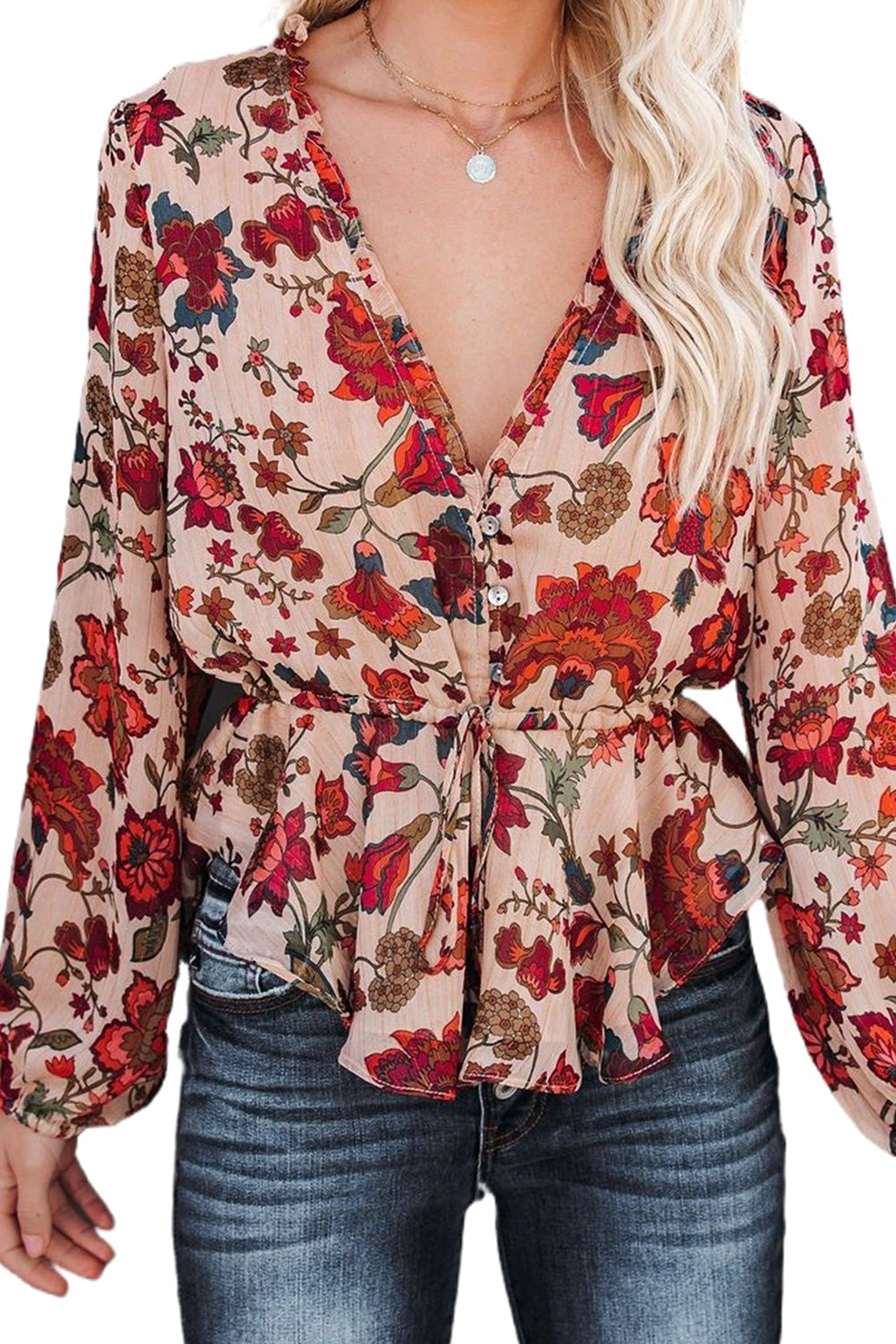 Multicolour Floral Frilled V Neck Drawstring Peplum Blouse