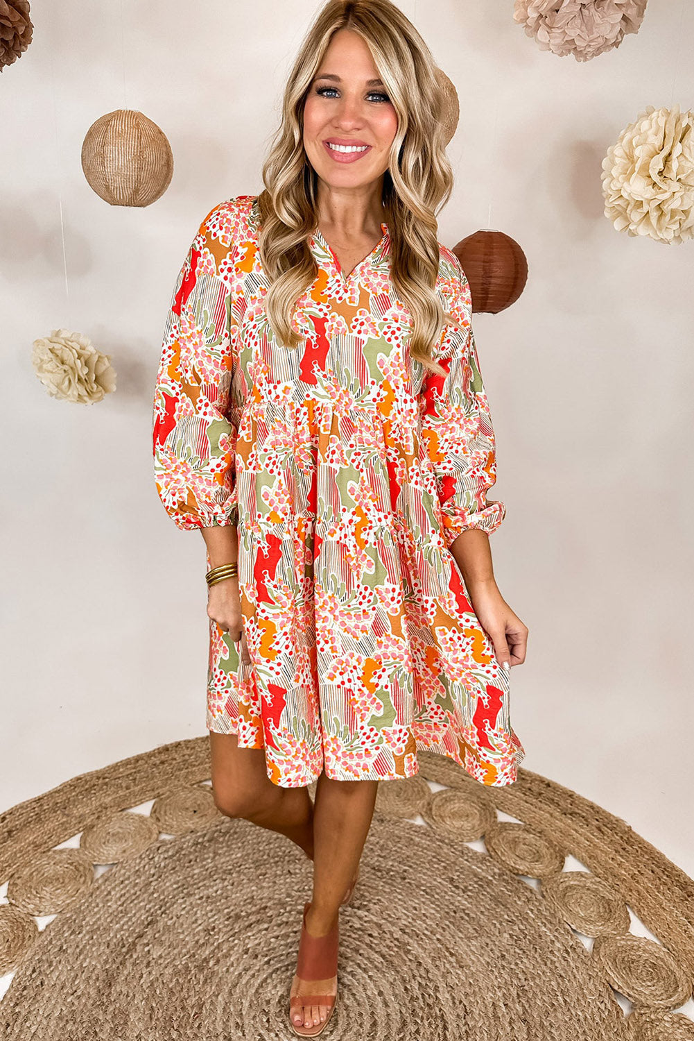 New Women’s Fashion Casual Multicolour Split Neck Puff Sleeve Flowy Printed Dress