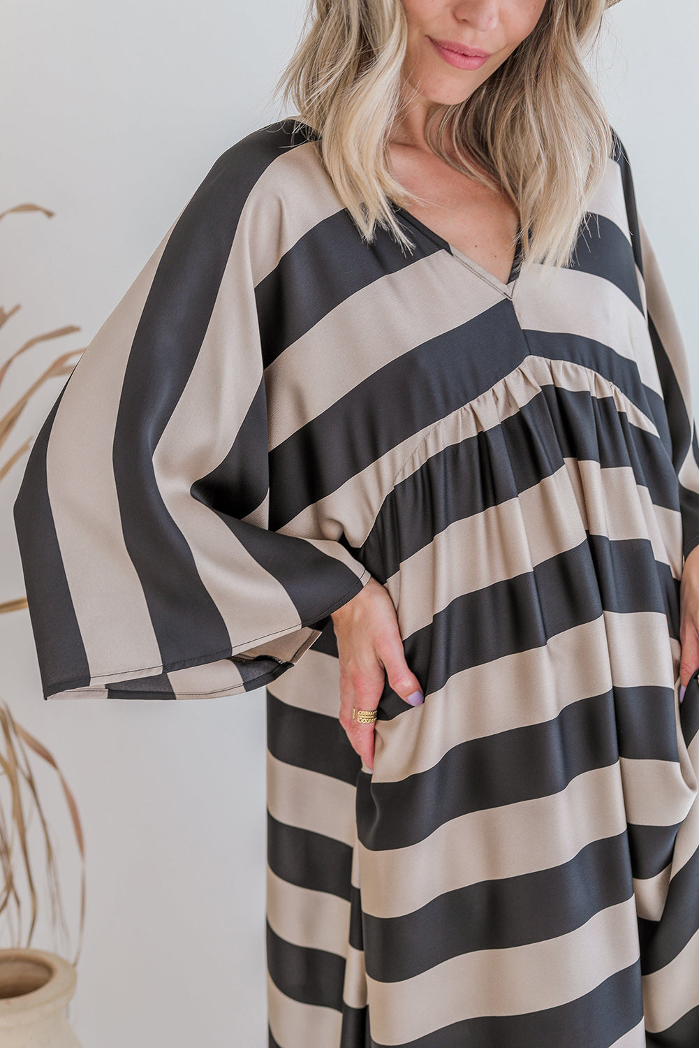 Black V Neck Kimono Sleeve Black and White Striped Maxi Long Dress