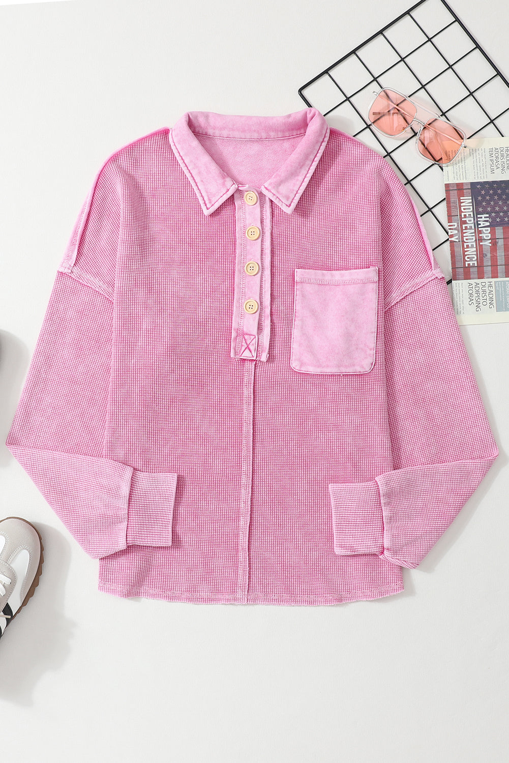 Bright Pink Waffle Exposed Seam Pocket Henley Long Sleeve Shirt Top Sweatshirt