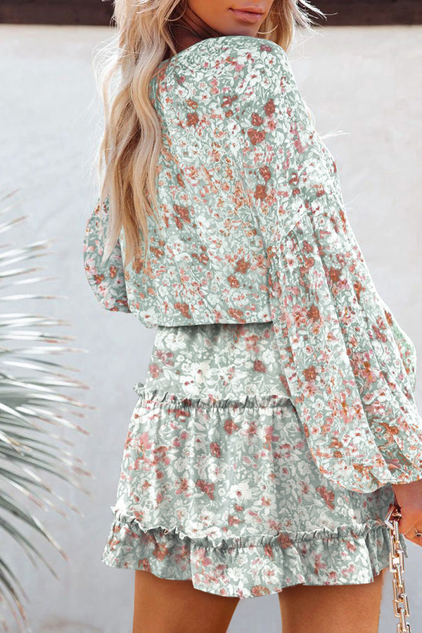 Green V Neck Puff Sleeves Floral Tunic Dress