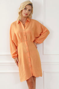 Orange Long Sleeve Short Dress Casual Textured Button Front Cinched Waist Mini