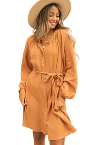 Camel Puff Sleeve Crinkled Shirt Dress