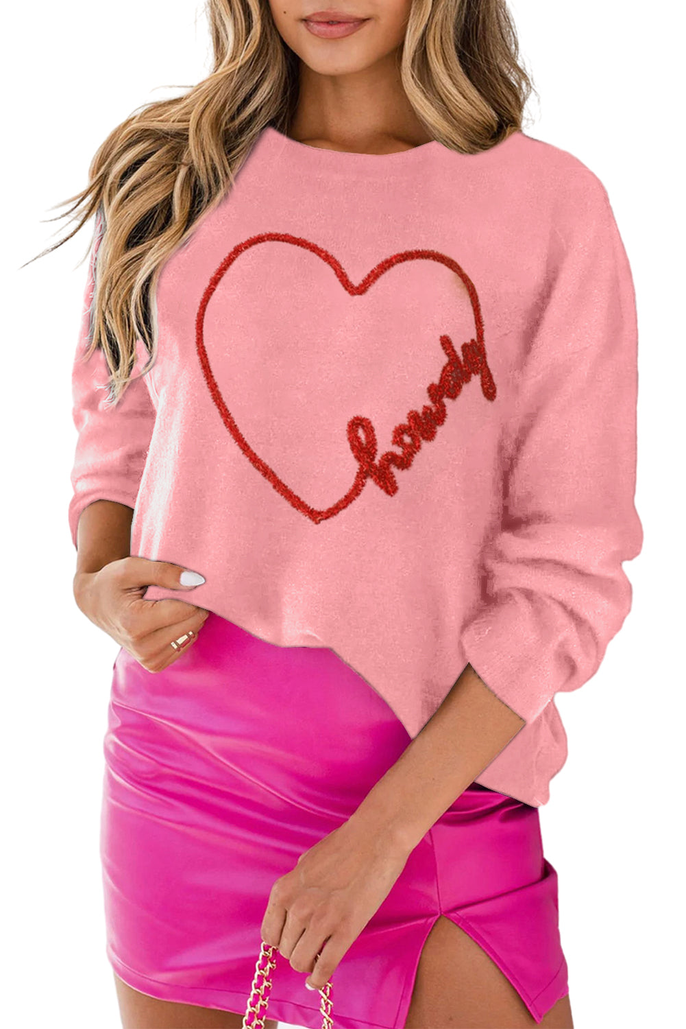 Pink Howdy Heart Graphic Round Neck Casual Sweater