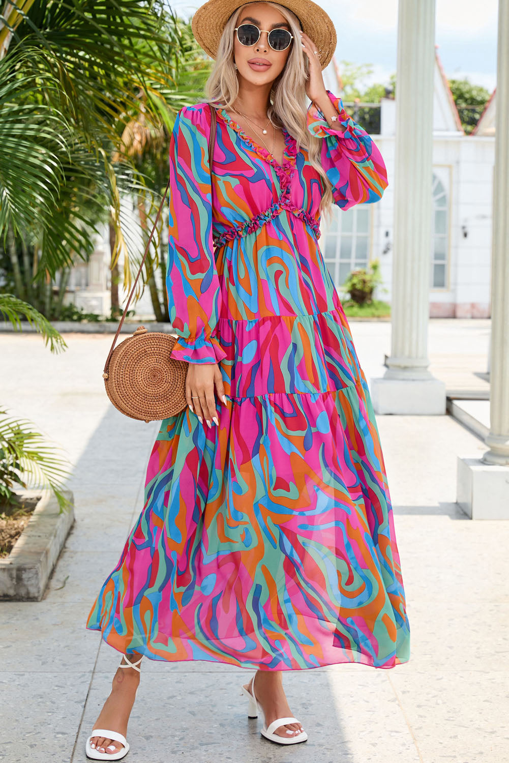 Multicolor Wild Lotus Ruffle Tiered Maxi Dress