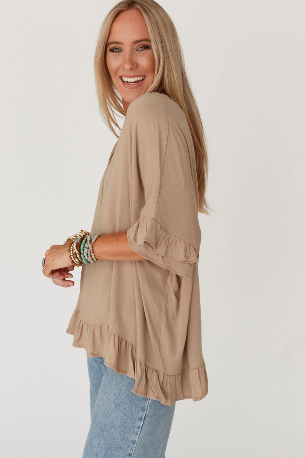 Women's Khaki Baggy Shirt with Ruffles Light French Beige Loose Ruffled V Neck Blouse