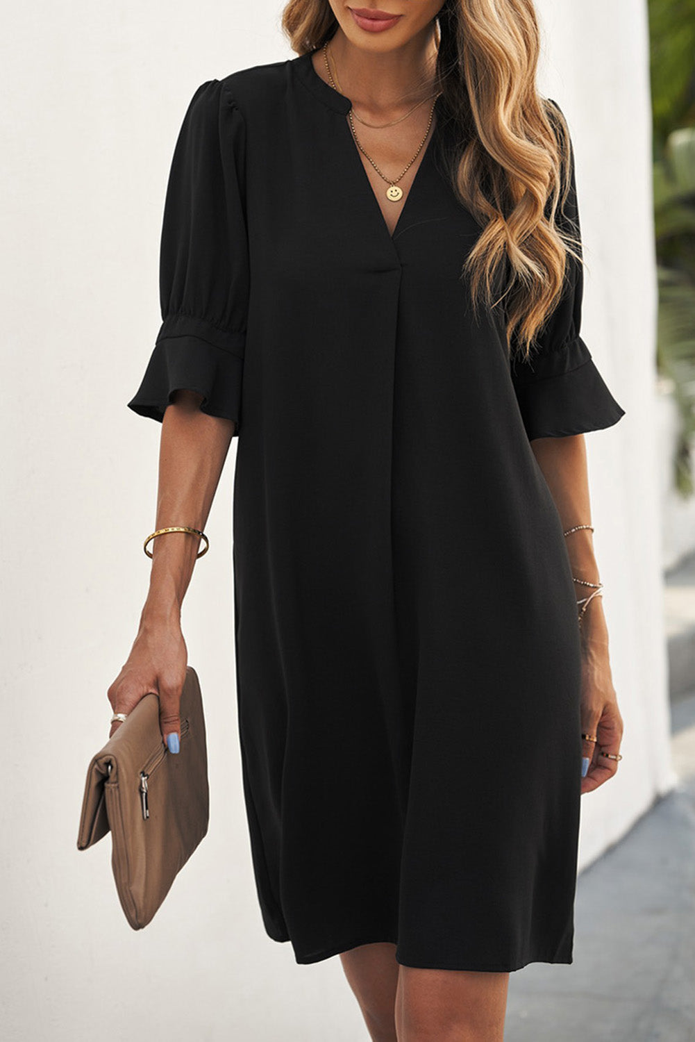 Black Ruffled Short Sleeve Mini Shirt Dress