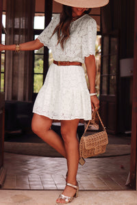 White Scalloped Floral Lace Crochet Short Sleeve Mini Dress